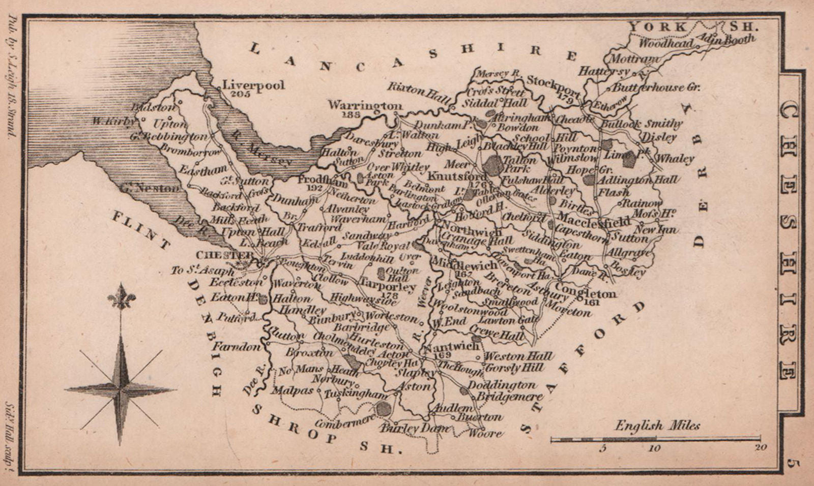 Cheshire miniature county map by Samuel Leigh / Sidney Hall c1820 old